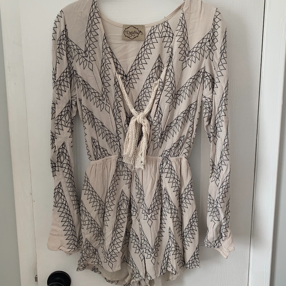 Cream and Black Long-Sleeve Romper